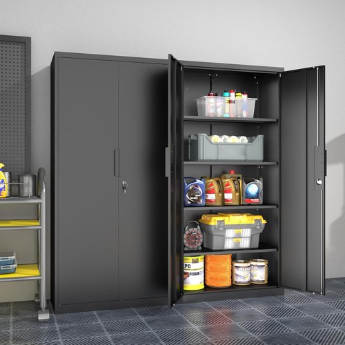 Metal Garage Storage Cabinet - 71" Tall Heavy-Duty Steel Locker with 4 Adjustable Shelves | Black, 31.5"W x 16.5"D