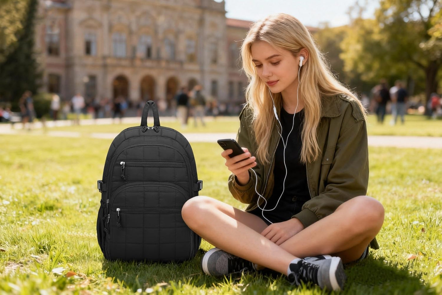 Skiennix Quilted Laptop Backpack - Stylish College Bookbag with Tumbler Holder | Black