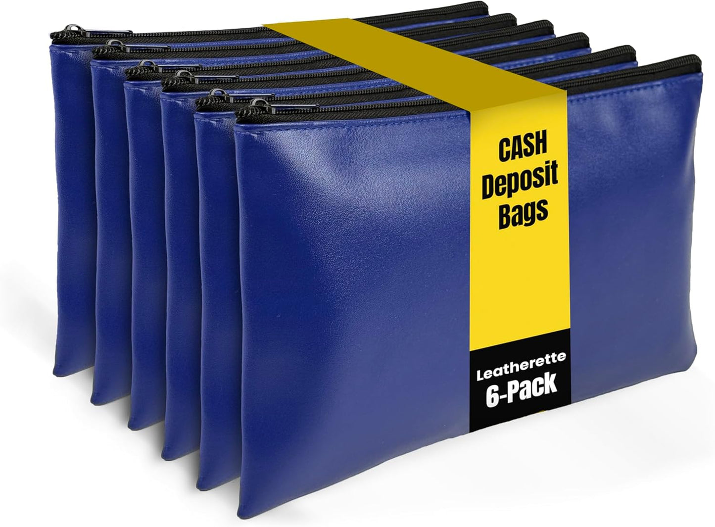 Better Office Products Zippered Security Bank Deposit Bag - Leatherette Cash & Coin Utility Pouch | Blue, 6 Pack