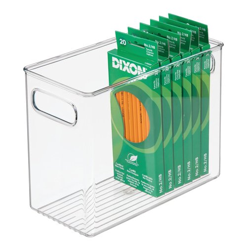 mDesign Tall Plastic Office Storage Bin with Handles - Organizer Bins for Cabinets, Drawers, Desks, Workspace - Containers and Baskets for Pens, Pencils, Highlighters and Notebooks - 2 Pack - Clear