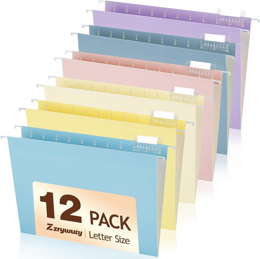 Zzrywuty Hanging File Folders - 12-Pack Letter Size with 1/5-Cut Tabs | Colorful Office Organizer for Bulky Files