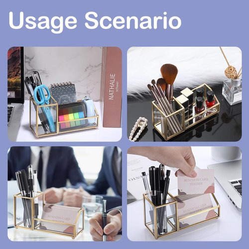 Clipore Glass Business Card Holder Metal Pen Pencil Storage Holder for Desk Clear Business Card Display Organizer Case for Office （gold） Send Goods from Local Warehouse