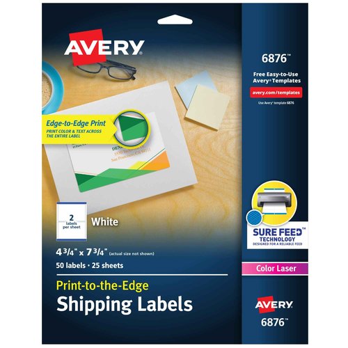 Avery Color Printing 4 3/4 x 7 3/4 Inch White Labels, 50 Labels, 5 Packs (6876)