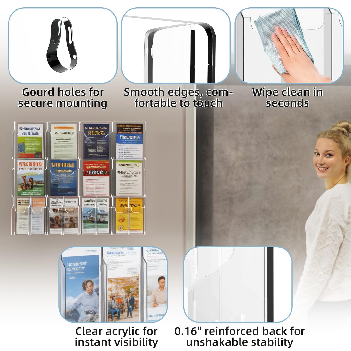 Acrylic Brochure Pamphlet Holder, 8 Magazine Holders and 8 Pamphlet Holders, Clear Brochure Display Holder Wall Mount, Trifold Flyer Rack, Literature Storage Rack for Home, Offices, Waiting Room