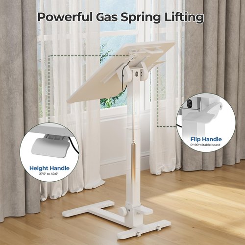 JYLH JOYSEEKER Foldable Mobile Standing Desk, 27 Inch Small Rolling Laptop Cart Height Adjustment, 90° Tiltable Bedside Table, No Assembly Needed Portable Computer Workstation, White
