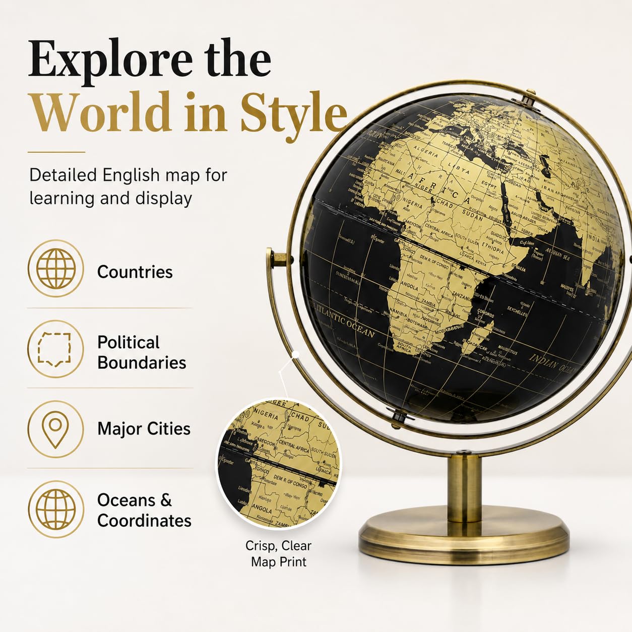EXERZ 8" Globe Black & Golden, All Direction 360 Rotating - World Globe Educational Geographic - Bronze Arc and Base. English Map.