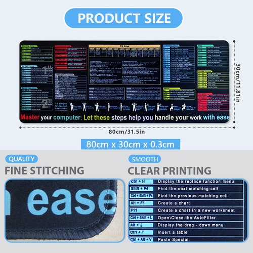 Excel Cheat Sheet Desk Pad,Contains 9 Major Excel Function modules and Common Functions,Comprehensive Shortcuts for Excel,Mouse Pad,Large XL Keyboard Mat for PC and Office