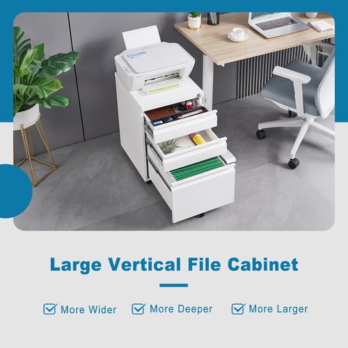 AnoYishev 3 Drawer Mobile File Cabinet Under Desk Office, with Lock, Fully Assembled Except Casters, Under Desk Metal Filing Cabinets, Legal/Letter/A4 File (White)