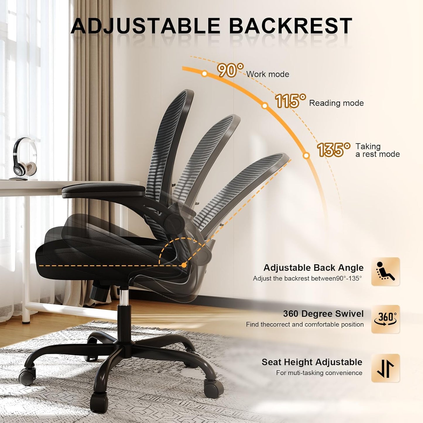 Skiennix Ergonomic Office Chair - High Back Mesh Design | 330LBS Capacity, Adjustable Lumbar Support, Flip-Up Armrests