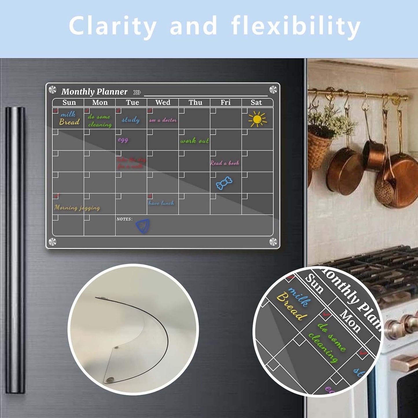 Skiennix Monthly Dry Erase Calendar - Clear Magnetic Planner with 8 Markers | 16.5"x11.7" Size