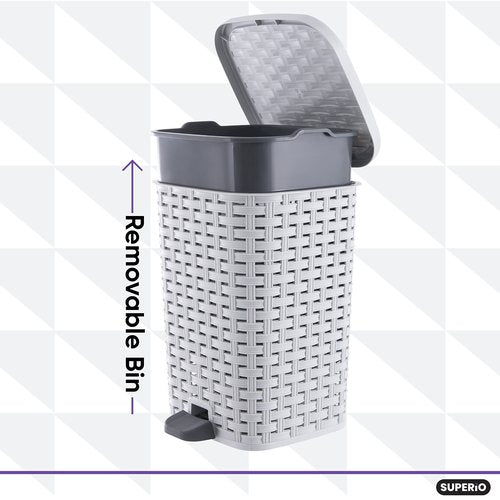 Superio Small Outdoor Trash Can with Lid for Dog Poop 3 Gallon/12 L Mini Plastic Garbage Can with Foot Pedal for Bathroom, Bedroom, Office, Patio, Wicker Smoke