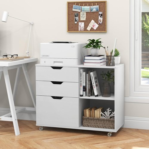 Regine Switzerland Mobile Filing Cabinet - 3 Drawer Wood Printer Stand with Universal Wheels | White