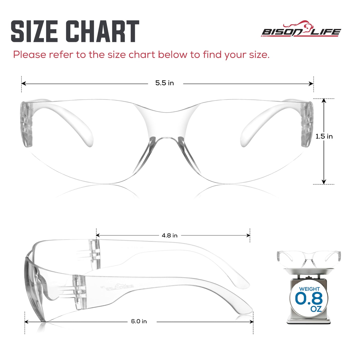 BISON LIFE Safety Glasses | 12 PAIRS with Clear UV Protection, Scratch Resistant, Wrap Around, Ballistic Impact Protected Lenses, One Size, Clear Lens Clear Temple, 12 per pack (1 pack)