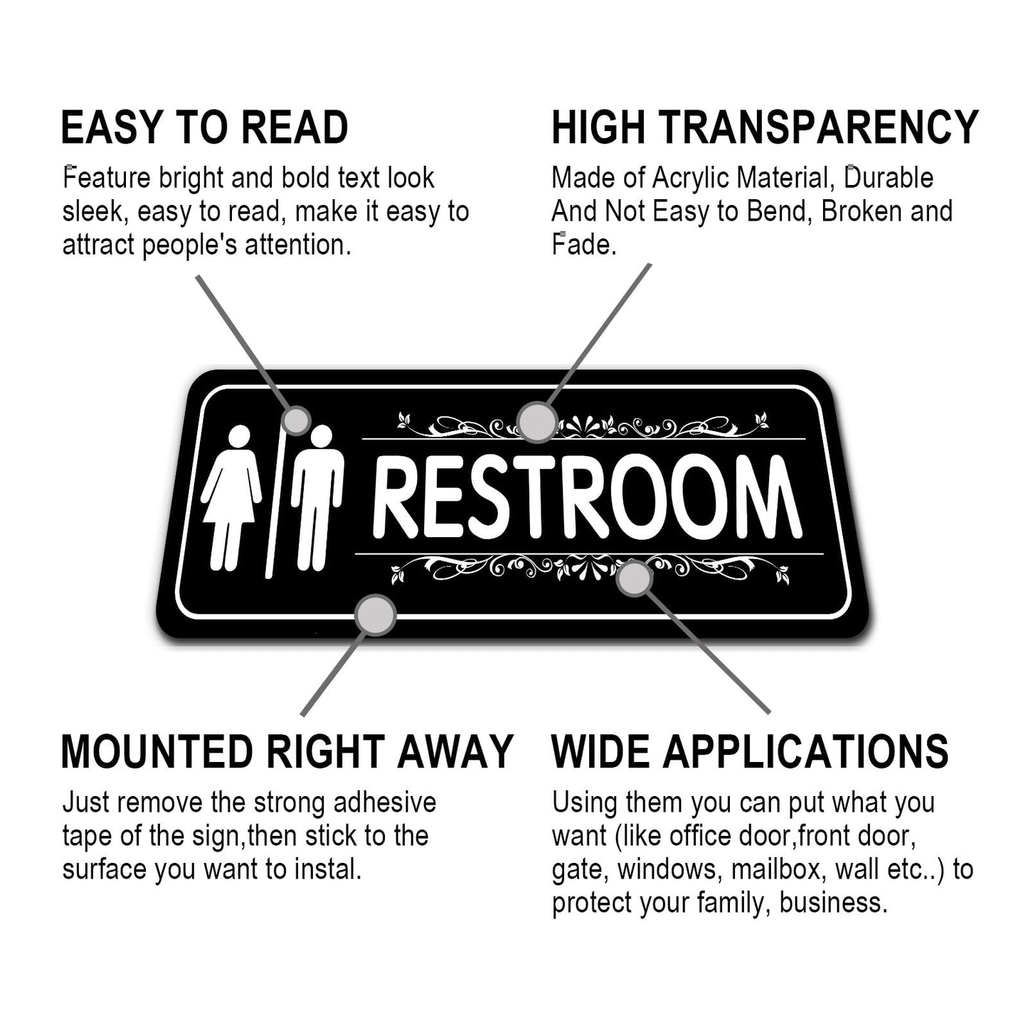 GulSoar Restroom Sign - (2 Pack 9" x 3") Thick Acrylic Restroom Signs for Business with Strong Self-Adhesive, Bathroom Signs for Home Door or Wall, Ideal Unisex Restroom Signs for Women and Men(Black)