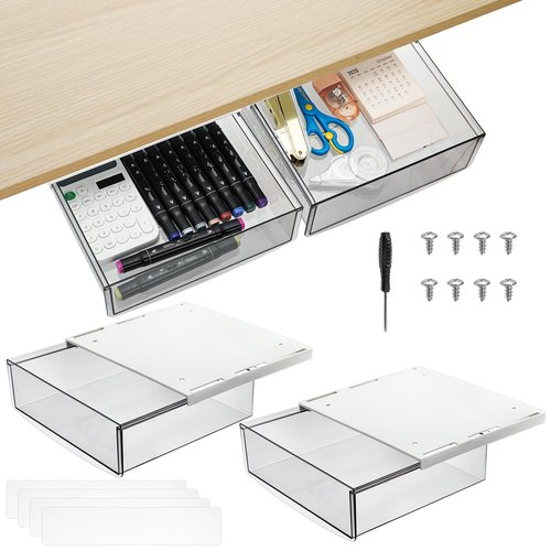 SOUJOY 2 Pack Self-adhesive Under Desk Drawer, Hidden Slide Out Organizer Tray, Plastic Under Table Attachable Hidden Storage Organizer for Office Home School Kitchen Sewing Table