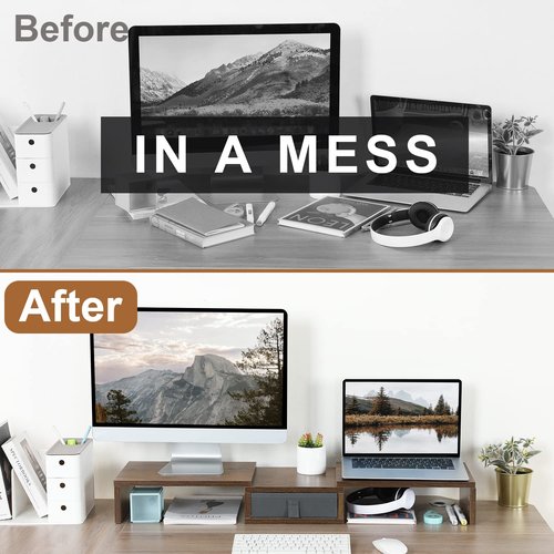 TEAMIX 3 Shelf Monitor Stand Riser With Drawer - Length and Angle Adjustable Dual Riser With Storage Corner Desk Shelf Organizer Large Computer Stand for 2 Monitors/Laptop (Brown, 1 Drawer)