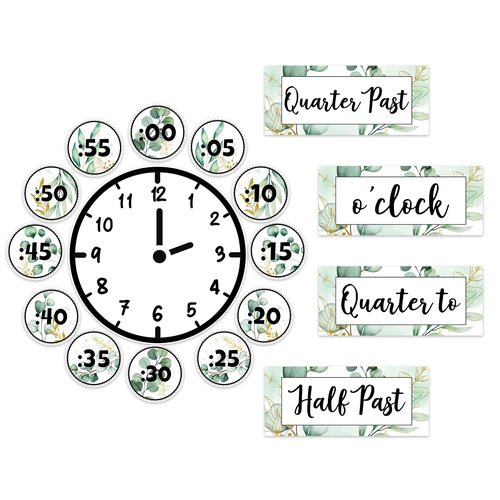 JarThenaAMCS 16Pcs Eucalyptus Telling Time Bulletin Board Greenery Classroom Clock Labels Watercolor Leaves Clock Numbers Labels for Learning Time Classroom Decor
