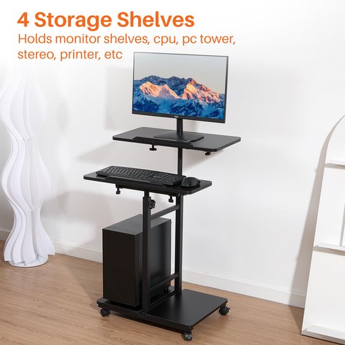 Hovadova Mobile Laptop Stand Desk, Standing or Sitting Rolling Computer Cart with Tower Stand, Adjustable Height 27.5" to 47.2" Portable Laptop Table Home Office Computer Workstation, Locking Wheels