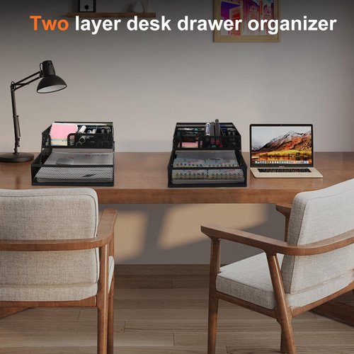 Desk Drawer Organizer Tray, Foldable Metal Mesh Wire, 2-Layer Mesh Tray, Desktop Accessory Organizer for Storing Office Supplies Scissors, Pens, A4 Paper, Stapler, Clips, Erasers
