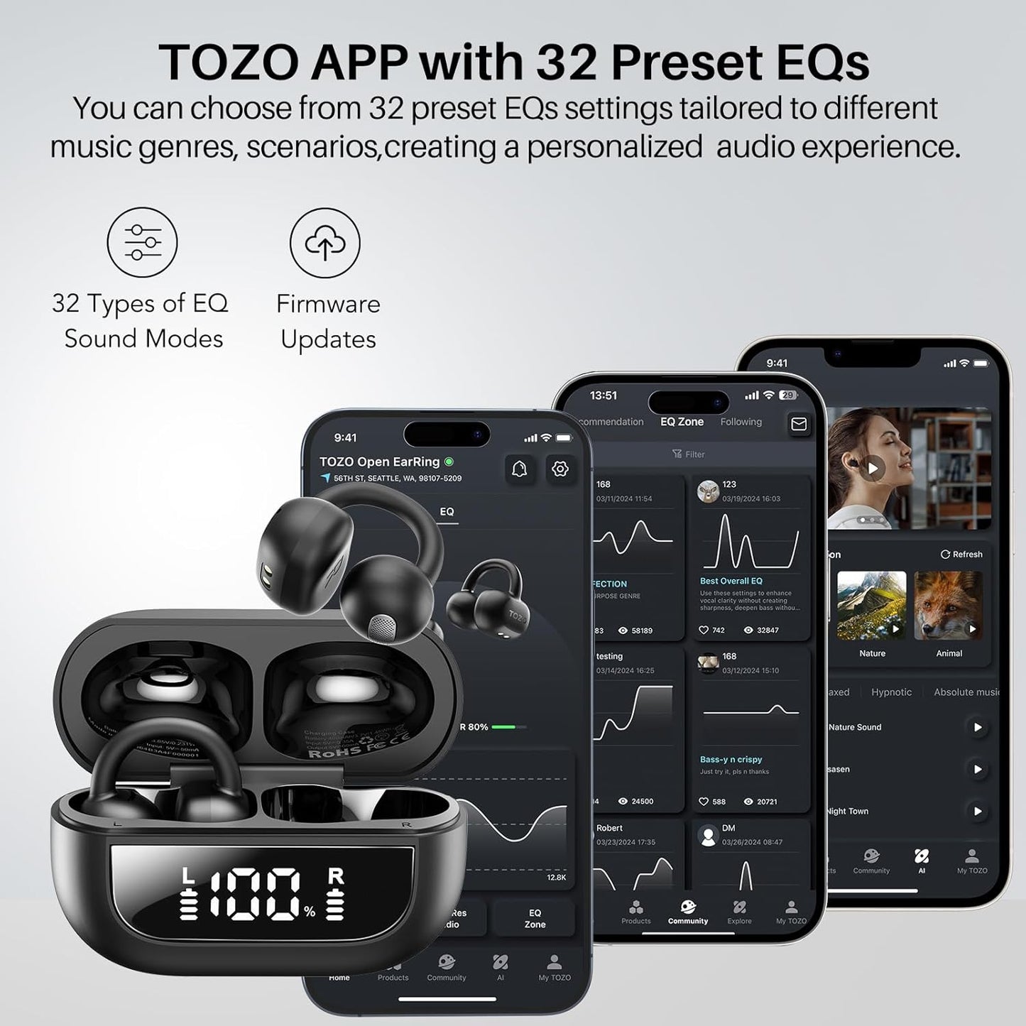 TOZO OpenEarRing Wireless Earbuds - Lightweight Comfort with 40H Playtime & Smart Display | Black