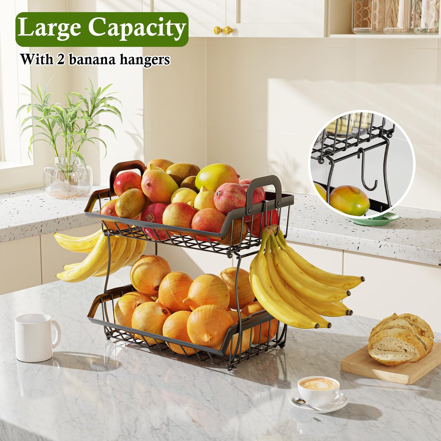 OKZEST 2-Tier Fruit Basket for Kitchen Counter with 2 Banana Hangers, Hanging Fruit Storage Basket Stand, Metal Fruit Organizer Bowl with Handles for Storage Potato Onion Bread Snack Vegetable