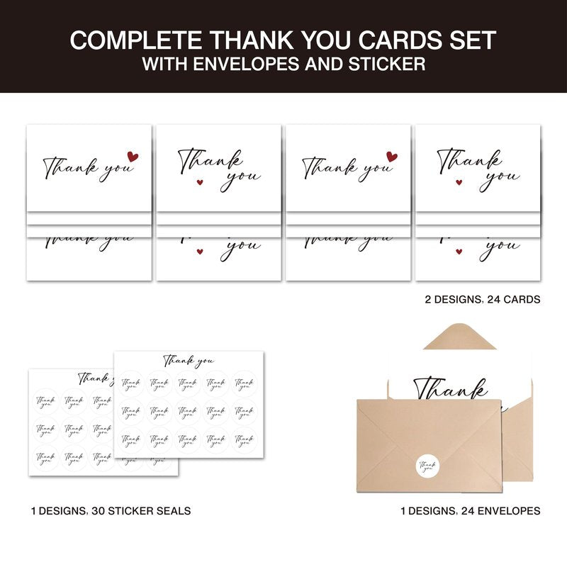 XISHIUYIS Thank You Cards with Envelopes - 24 Pack Heart Design Thank You Notes with Envelopes Set, Small Blank Thank You Cards (3.5x5in) for Weddings, Baby Showers & Business