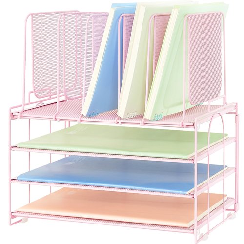 ORDROLL Desk Paper Organizer with Handle,3 Tier Letter Trays with 5 Vertical File Holder,Paper Storage,Desktop Organizer for Classroom,Home or Office,Pink