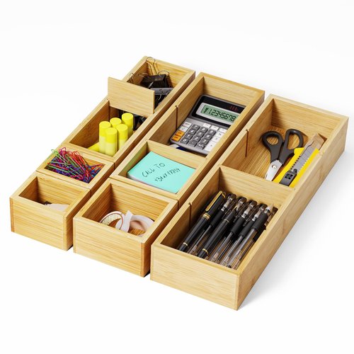 VA1KENE Desk Drawer Organizer Tray Set of 6 – Bamboo Office Storage Boxes with 12 Compartments for Office Supplies, Cosmetics, Jewelry and More