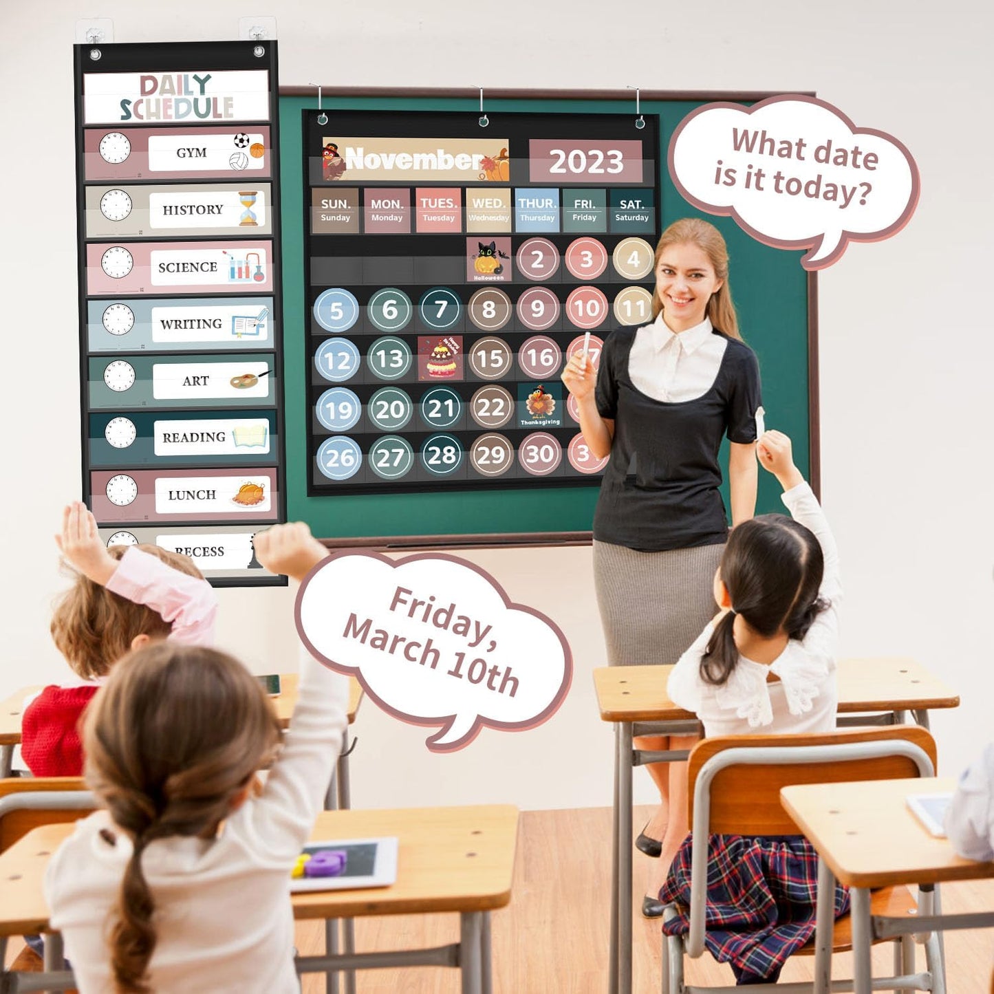 Skiennix Monthly Calendar Pocket Chart - Classroom Learning Tool with Days of the Week Cards | Black Design