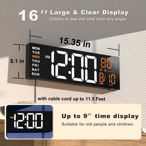 JALL 16" Large Digital Wall Clock - RGB LED Countdown Timer & Alarm | Ideal for Living Room & Classroom (White/Orange)