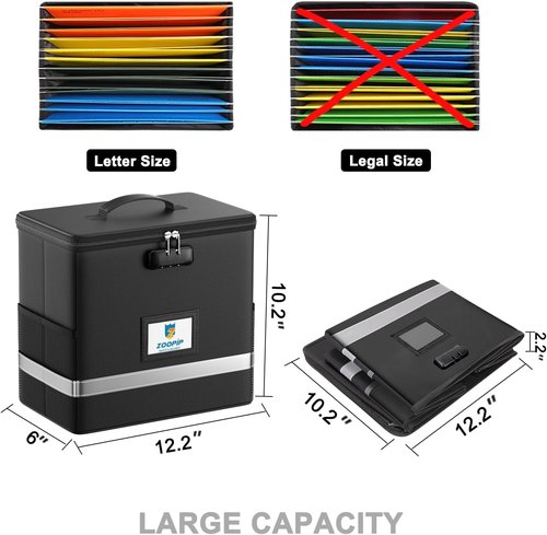 Fireproof File Box with Lock | Document Storage Organizer for Letter Size Folders | Collapsible Design, Black