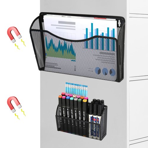 2 Pack Magnetic File Holder, Hanging File Organizer Pencil Holder Magazine Document Paper Holders, Dry Erase Marker Pen Holders, Perfect for Whiteboard, Refrigerator and Locker Accessories
