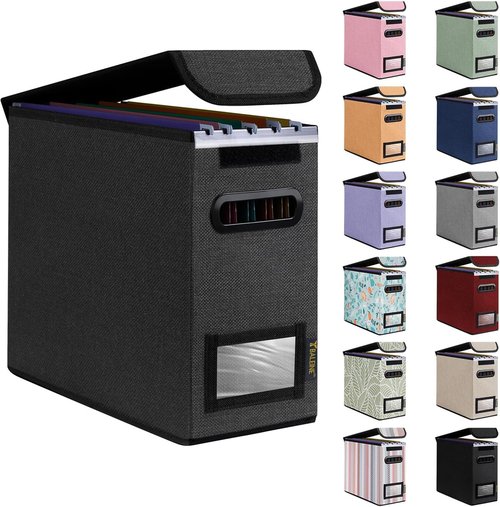 BALEINE File Organizer Box - Collapsible Document Storage with Lid & Plastic Slide | Black, Small