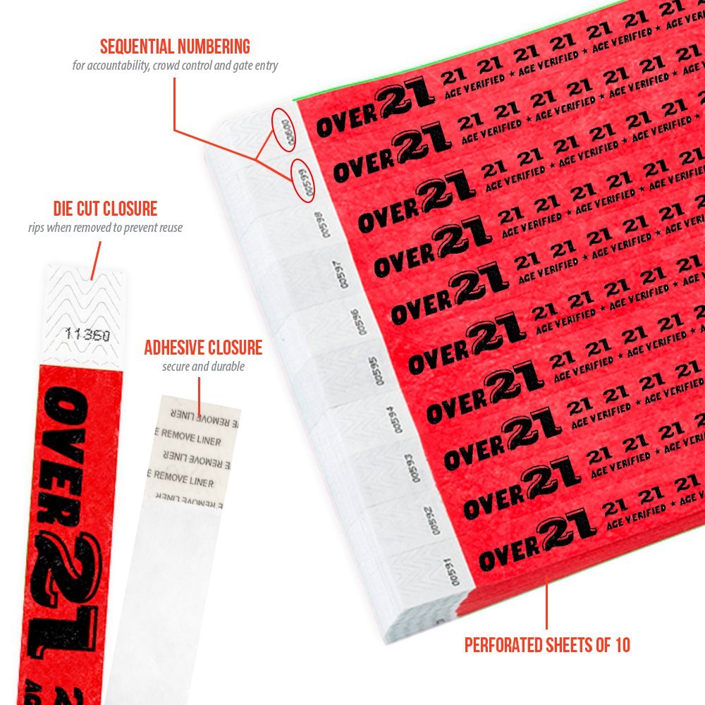 500 WristCo Over 21 Neon Red Tyvek Wristbands for Events - ¾” x 10” - Waterproof Recyclable Comfortable Tear Resistant Paper Bracelets Wrist Bands for Concerts Festivals Admission Party