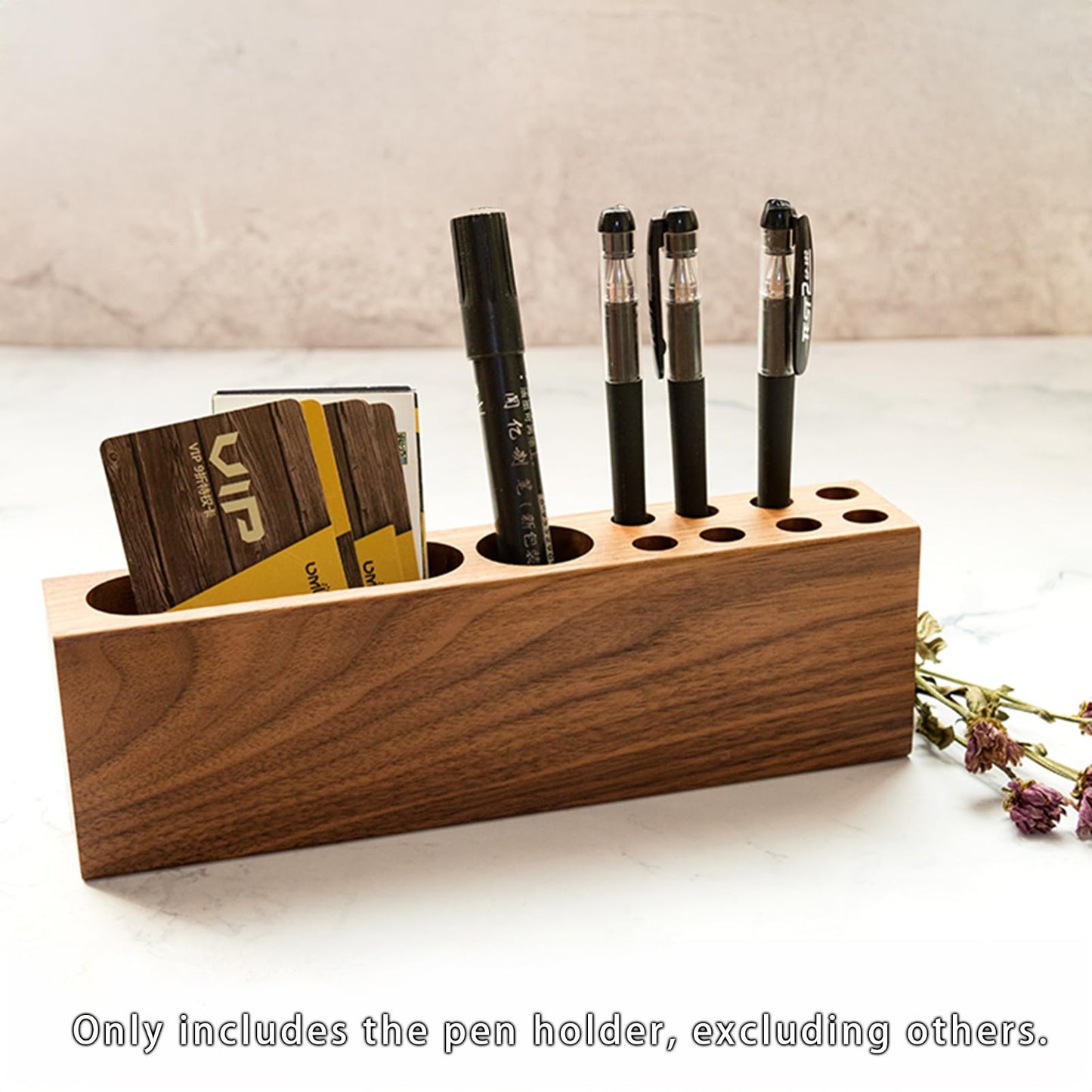 LiTY Pen Holder for Desk, Acacia Wooden Pencil Stand, Solid Wood Business Card Holder, Fountain Pen Organizer, Minimalist Aesthetic Office Stationery Desk Decor