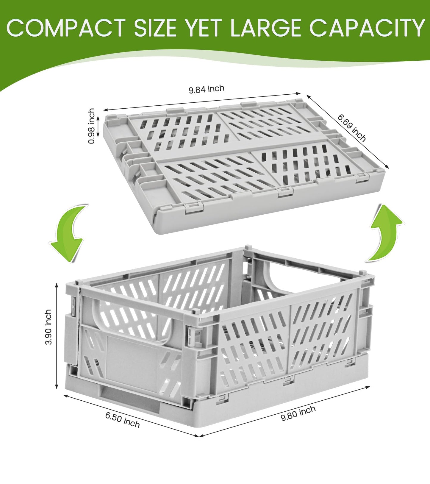 HUUSMOT 2-Pack Small Pastel Plastic Storage Baskets, Collapsible Crates for Organizing, Space-Saving Mini Bins for Classroom, Kitchen, Office, Bedroom (Grey, 9.8" x 6.5" x 3.8")