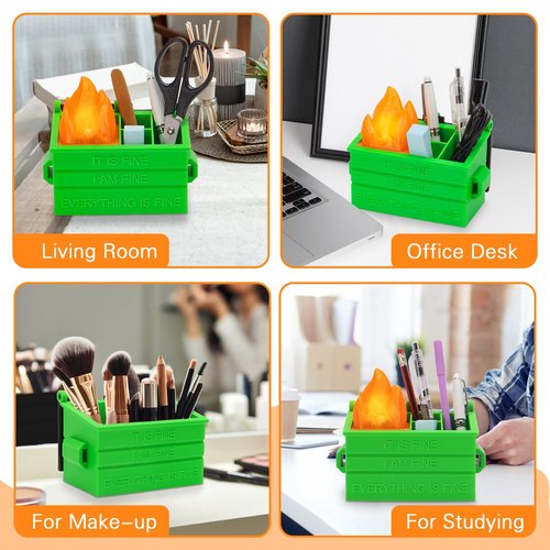 HOMQYTE Dumpster Pencil Holder with Flame Light and Charging Port Dumpster Pen Holder Desk Accessories for Office Christmas Decor (Green, 1P)