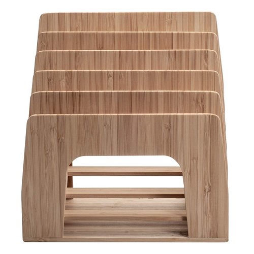 MobileVision Bamboo Desktop Inclined File Folder Organizer and Paper Tray, Upright Sections, Step Sorter, 5 Slots