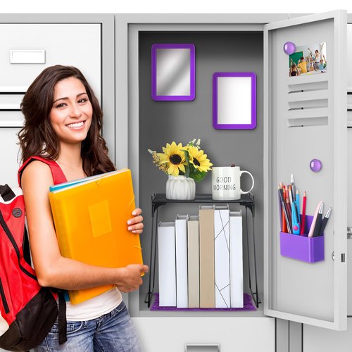 Wesiti 8 Pcs Purple Locker Accessories Back to School Kit, Wire Locker Shelf, Magnetic Mirror, Erase Pen, Pen Holder, Magnetic Stickers, Square Carpet for Girls First Day of School Essentials