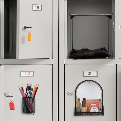 AmazingSpark 5 Pcs Locker Shelf Organizer and Accessories Back to School Essentials Includes 1 Magnetic Mirror with Bottom Tray, 2 Pen Holders, 1 Locker Metal Grid Rack, 1 Faux Fur Mat(Black)