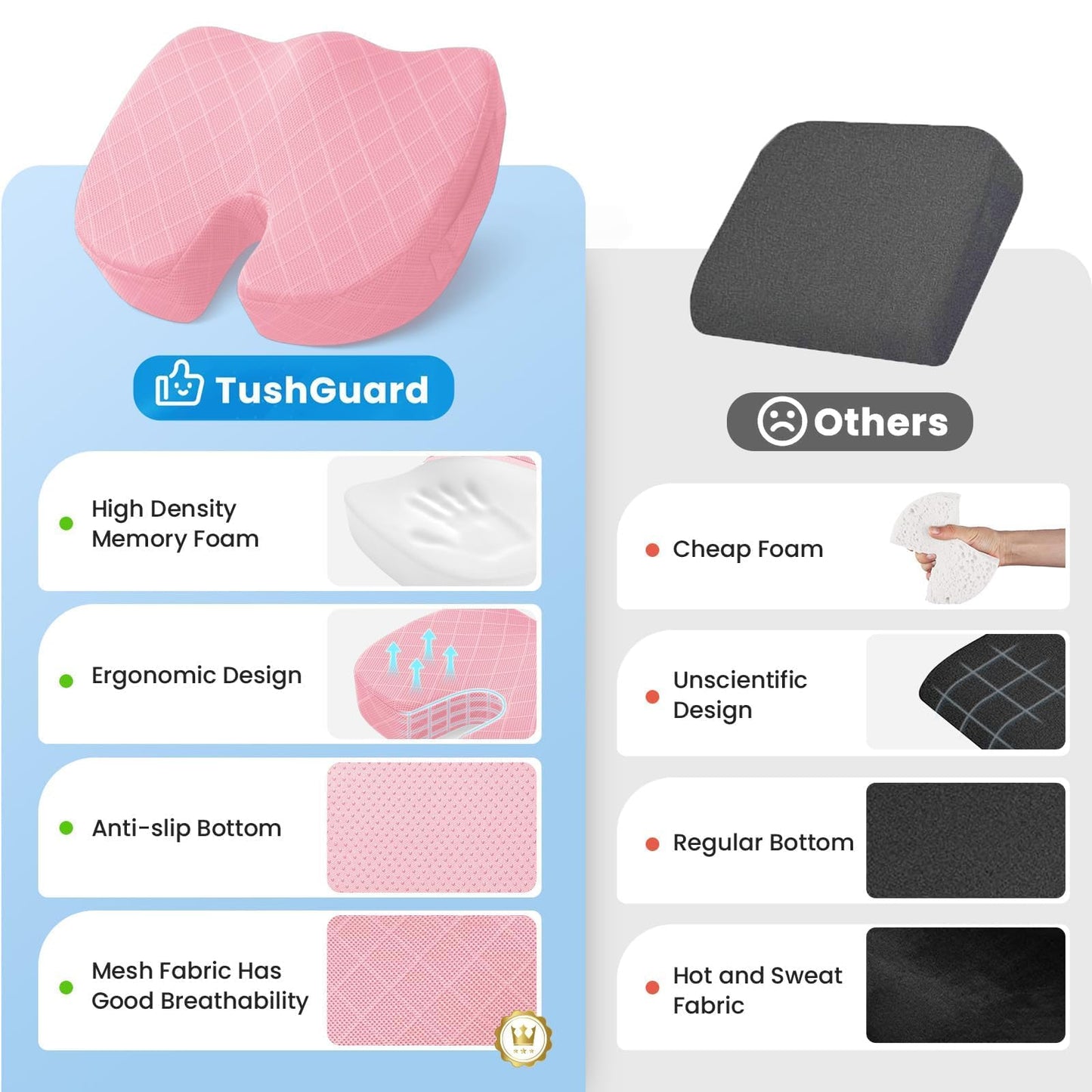 TushGuard Office/Car Seat Cushion, Non-Slip Sciatica & Back Coccyx Tailbone Pain Relief Chair Pad, Memory Foam Butt Pillow for Computer Desk, Wheelchair, Driving (Pink, XX-Large)
