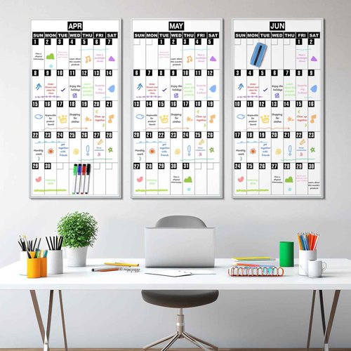 Lincia 3 Month Calendar Whiteboard 18" x 35" - Dry-Erase Planning Calendars Aluminum Framed Magnetic Board with 3 Set Magnets Labels 4 Markers & 1 Eraser for School, Classroom, Home, Office