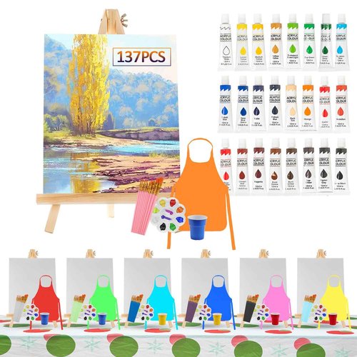 137 Pcs Art Painting Kit Supplies Set for Kids to Party - 70 Paint Brushes, 24 Acrylic Paints, 7 Wood Easels & Canvas Panels & Palettes & Aprons & Wash Pen Cup, 1 Plastic Tablecloth