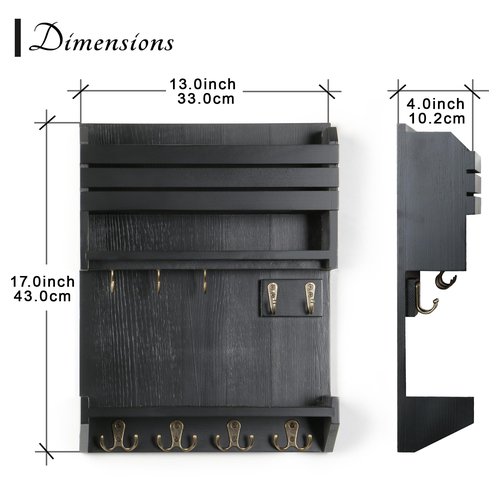 HEKFL Key Holder, Wall Mounted Mail Organizer, Keys Holder on Wall with 9 Key Hooks, Black