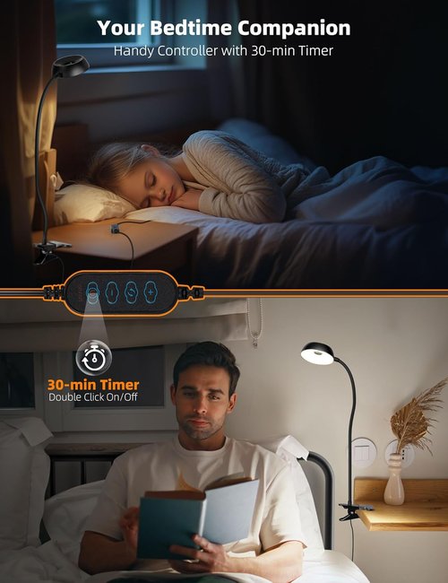 LiFMIRA LED Reading Light - Eye-Friendly Clip-On Lamp with 3 Color Modes & 10 Brightness Levels - Black
