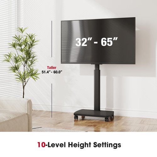 AOKCOS Portrait to Landscape Rolling TV Stand with 12°Tilt, Mobile TV Cart with Wheels for 32 to 55 65 Screens/Monitors, Portable TV Stand on Wheels for Home Office with Wooden Base, Black