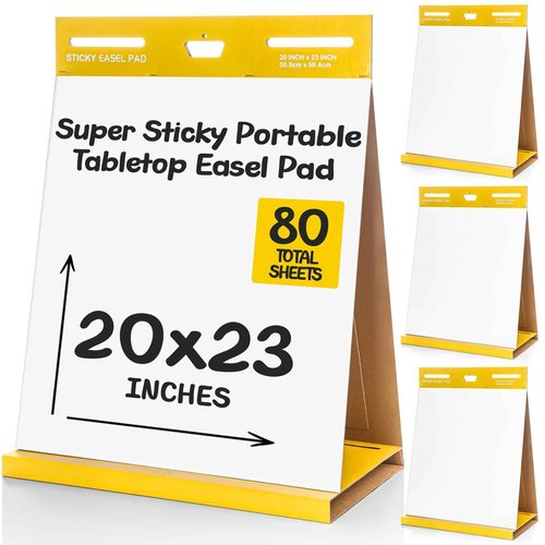 ReliThick 4 Pack Sticky Easel Pad, 20 x 23 Inches Flip Chart Paper for Teachers, White Blank Paper with Yellow Cardboard Backing, 20 Sheets Per Pad for Drawing Sketching for Office School Classroom