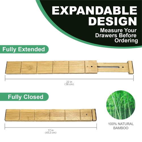 MAGIC BAMBOO 4 Pack Bamboo Drawer Dividers with Inserts and Labels – Adjustable Kitchen Drawer Organizers, Expandable Storage Solutions for Home, Office, Dressers (17-22 Inches)