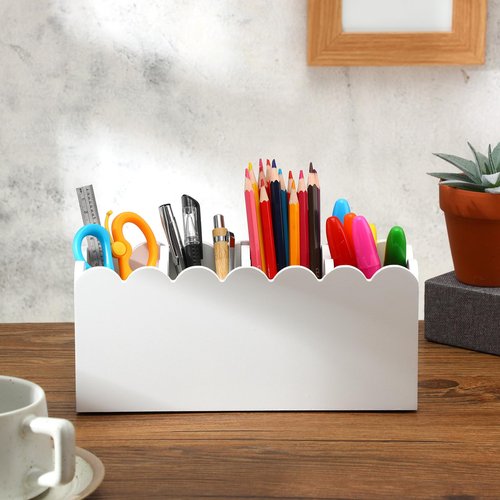 Sherr Scalloped Wooden Pencil Holder for Desk Wooden Office Desk Organizers and Accessories with 4 Compartments Cute Makeup Brush Holder Organizer for Bathroom Remote Caddy for Table for Party