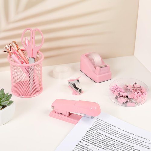 SKYDUE Pink Office Desk Accessories, Pink Office Supplies, Stapler, Tape Dispenser, Scissors, Clips and 1000pcs Staples,Office Supplies for Desk for Women
